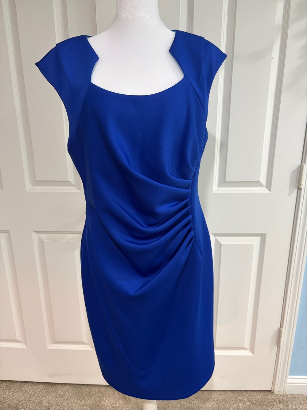 Calvin Klein Cobalt Blue Cap-Sleeve Ruched Midi Dress